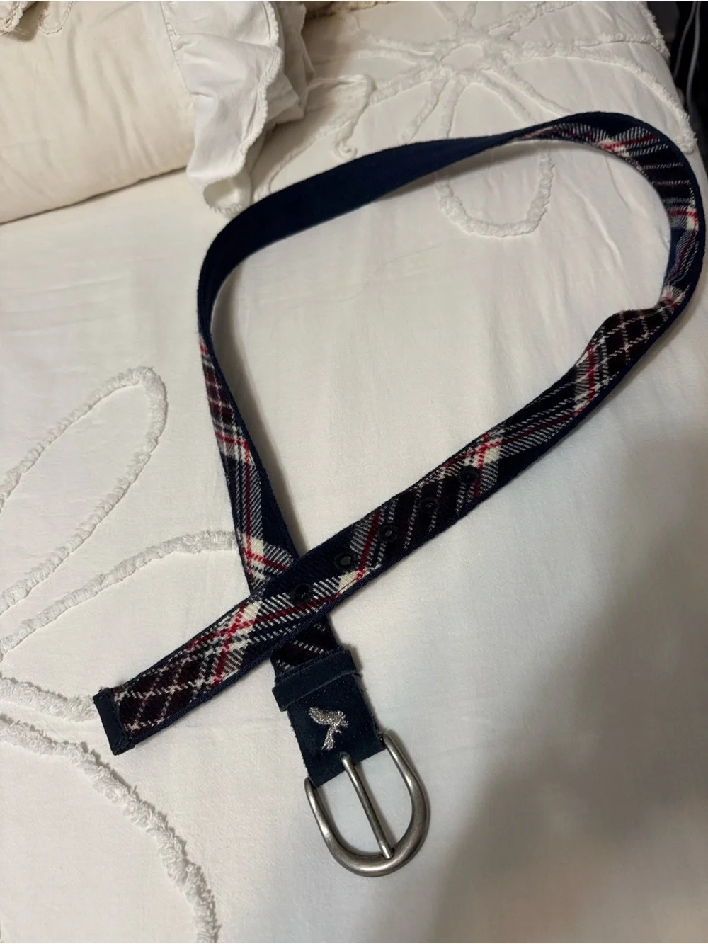 American Eagle Outfitters Navy Plaid Web Belt with Silver Buckle